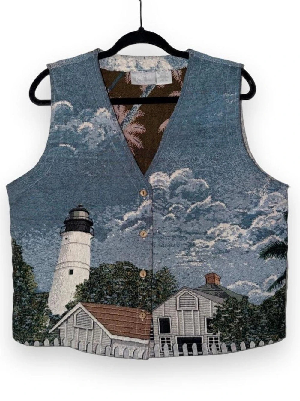 Vintage 90s Blair Lighthouse Beach AOP tapestry vest size medium